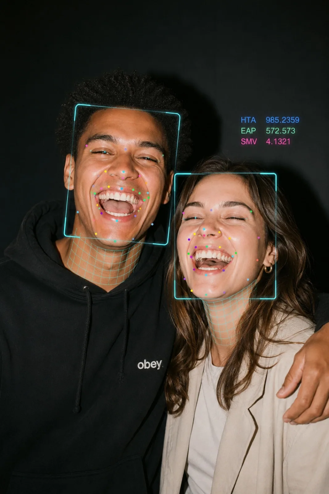 Two people laughing together, unbothered by the scan.