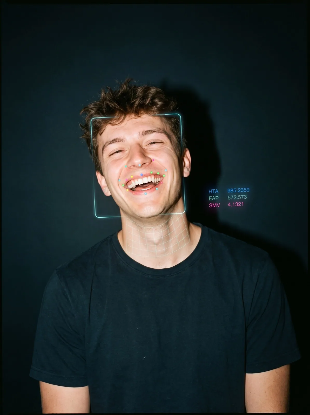 A candidate mid-laugh while the screening overlay reads his face.